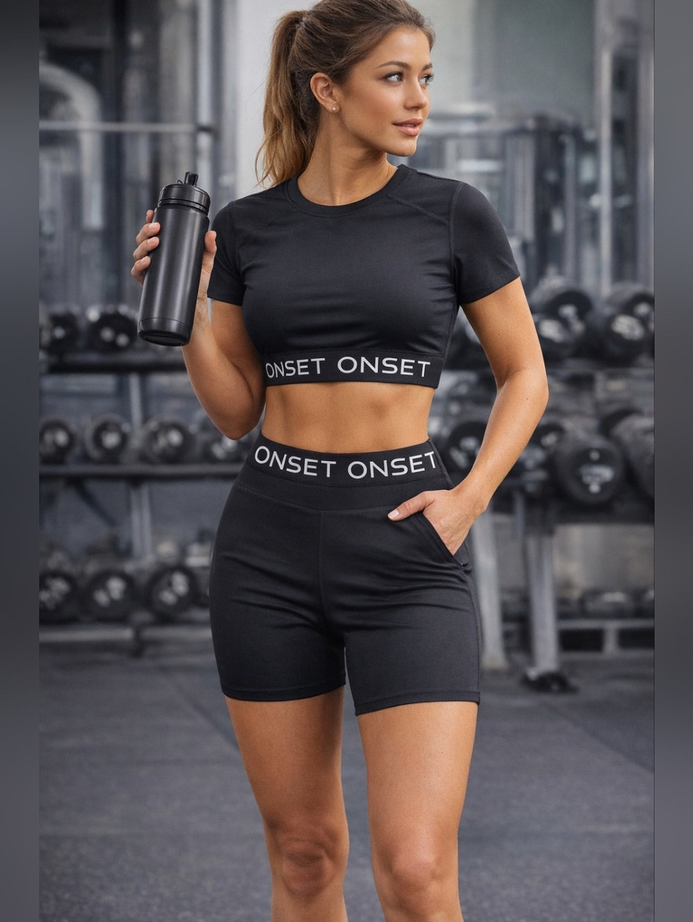 ONSET Black Crop Top Biker Short Set Gym Workout Athleisure M/S